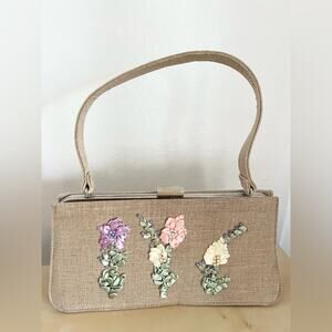 Vintage grannycore shoulder bag neutral ribbon embroidered
